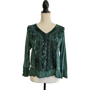 Vintage Green Velvet Lace Detail Faux Button Front Top Size L Goblincore Fairy